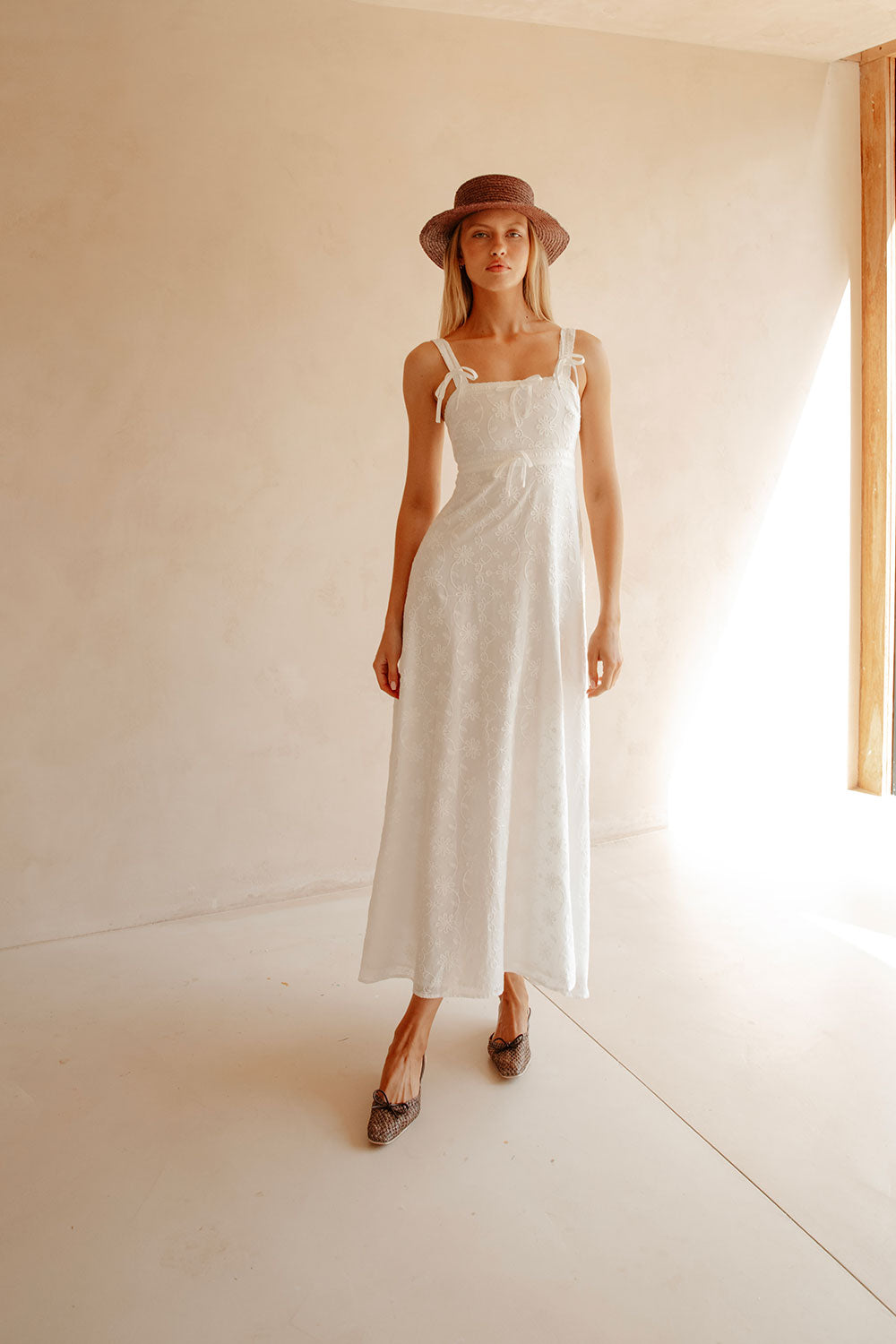 White Embroidered Wide Strap Maxi Evi Dress