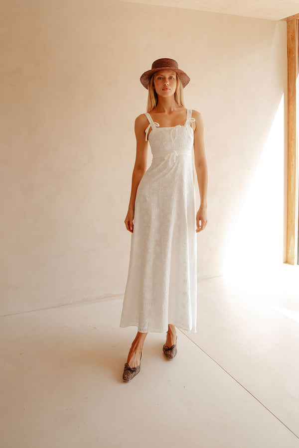White Embroidered Wide Strap Maxi Evi Dress