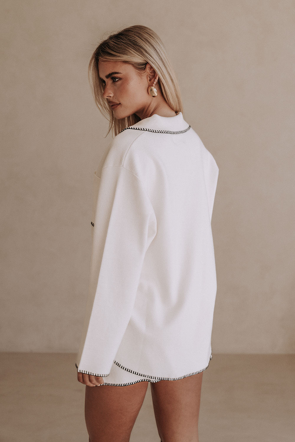 Alara Collared Long Sleeve Top - White, Black Knit Trim