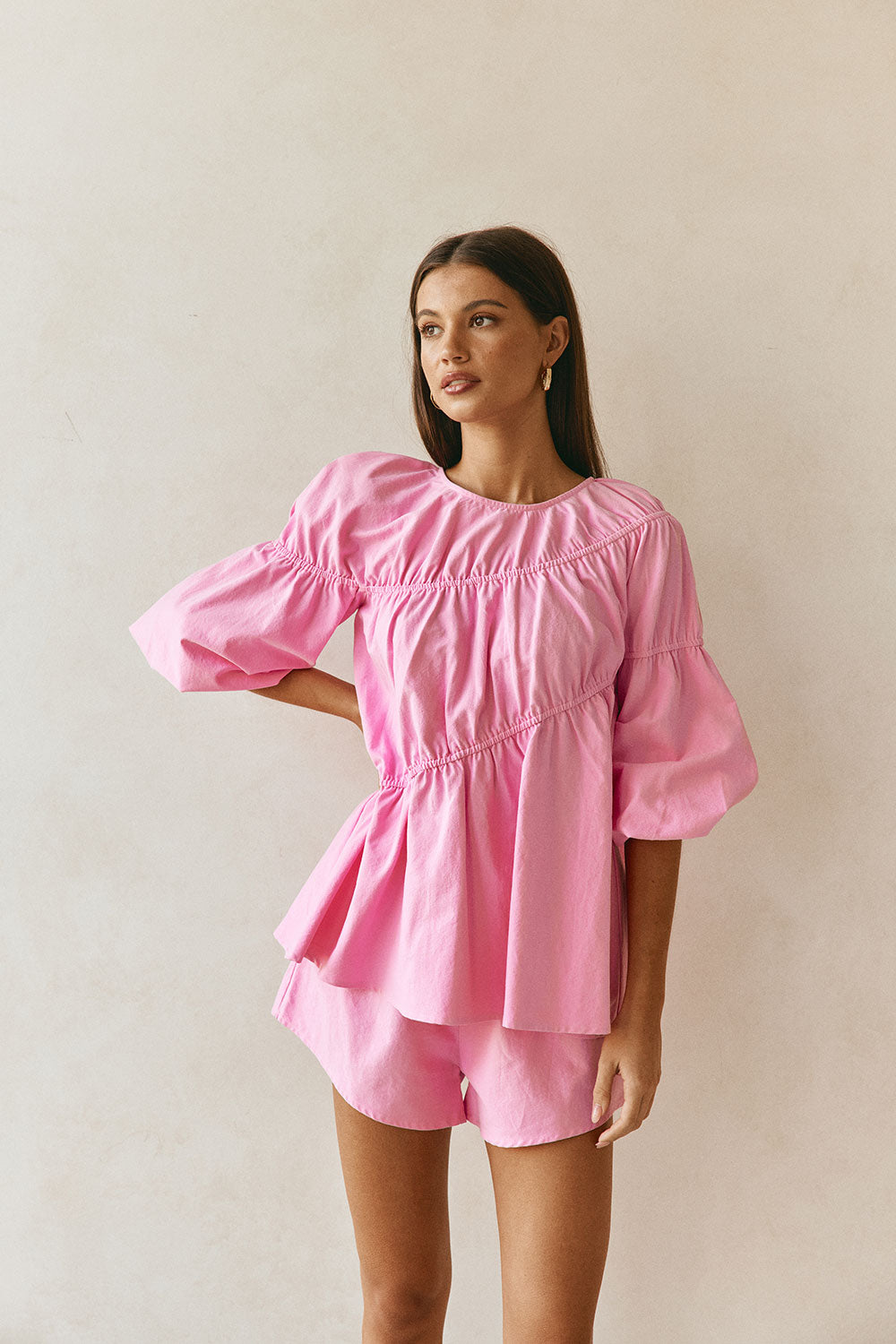 Pink Ruched Puff Sleeve Akel Top – SABO