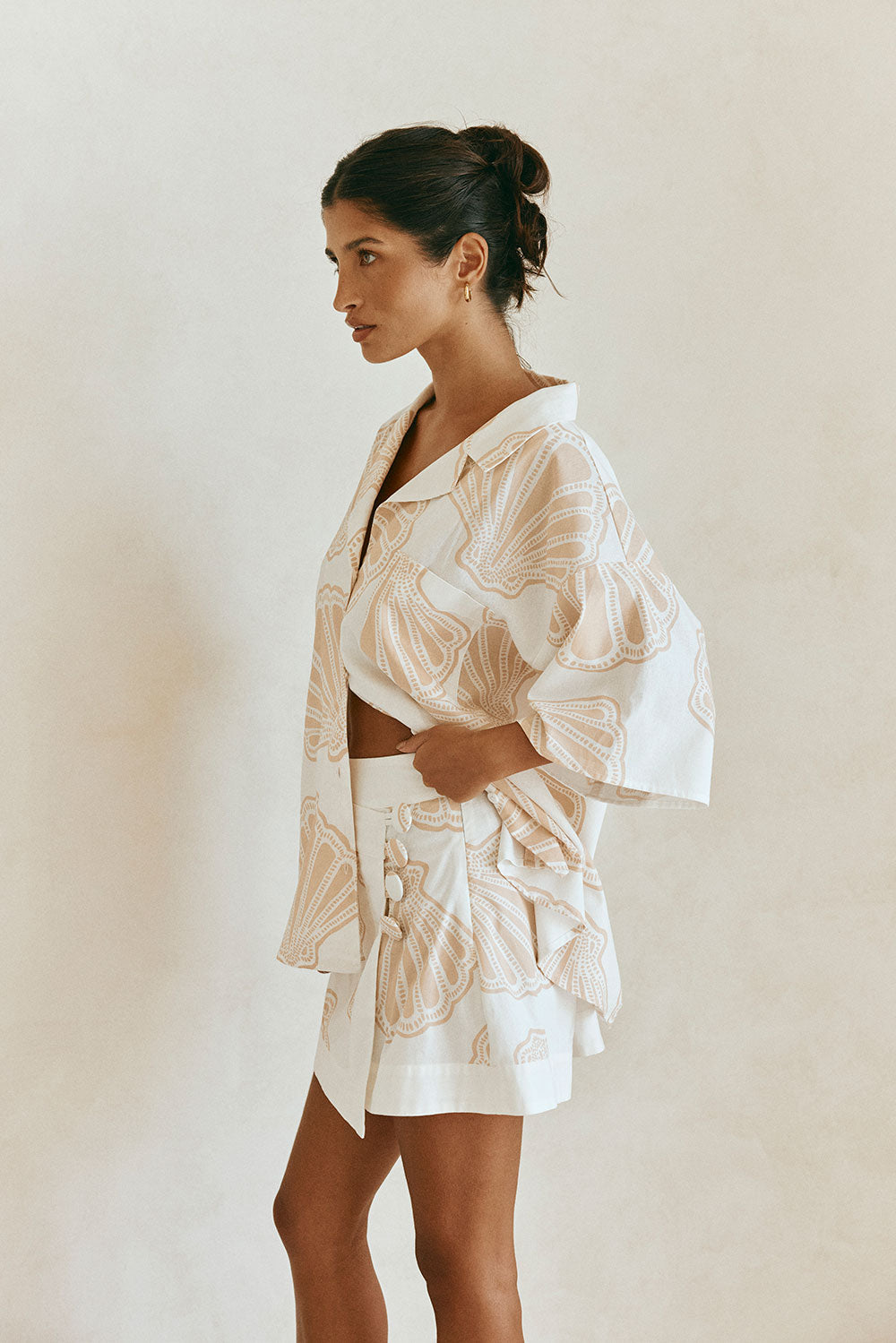 Celestia Mini Button Skirt - White, Pink Coastal Shell Print