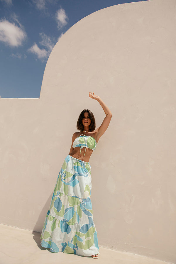 Aviva Elasticated Maxi Skirt - Magnolia Print, Blue, Green, White