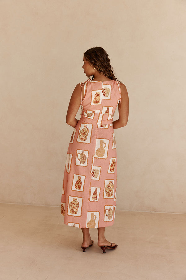 Pink Florero Print V Neck Midi Mira Dress