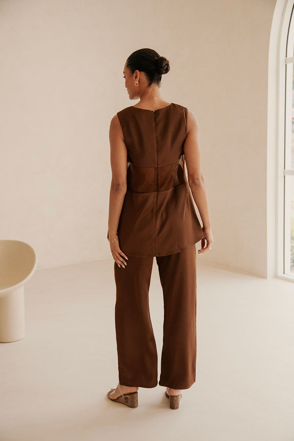 Brown Silky High Waist Drawstring Zuri Pants