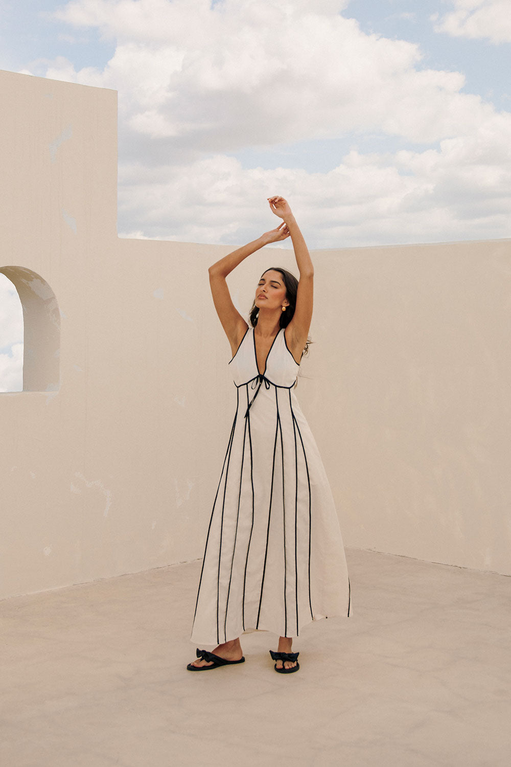 Maylin V Neckline Tie Maxi Dress - Cream, Black