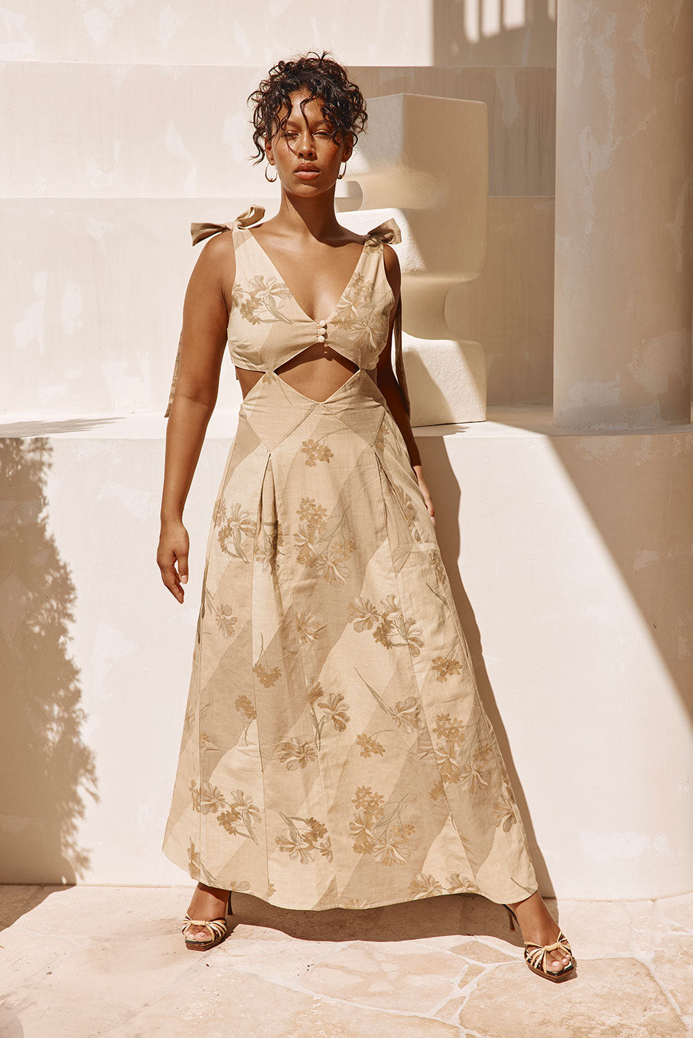 Maivie Tropical Cutout Tie Maxi Dress - Brown, Green Tawny Bloom Print