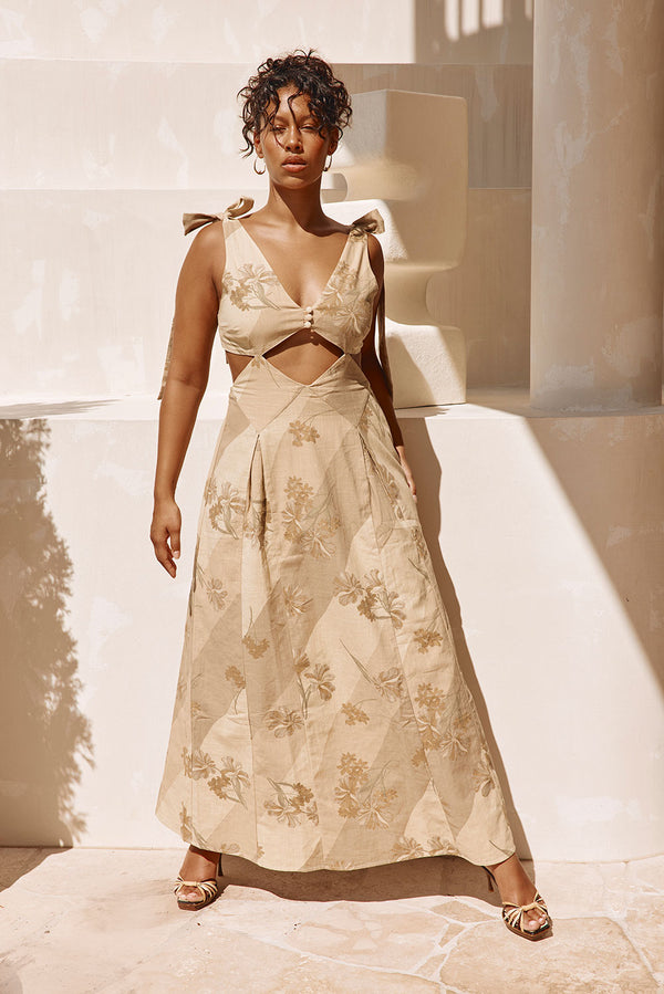 Maivie Tropical Cutout Tie Maxi Dress - Brown, Green Tawny Bloom Print