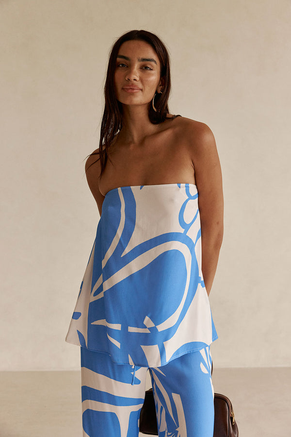 Palm Blue Print Strapless Alma Top
