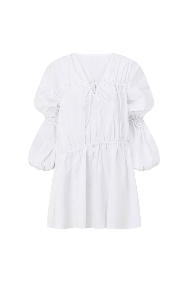 White 3/4 Sleeve Ruched Mini Ava Dress