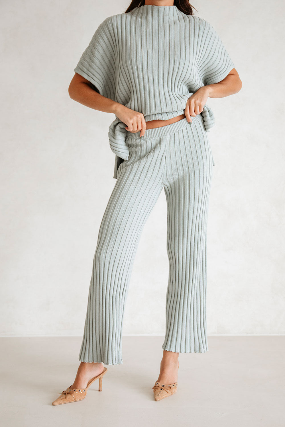 Grey Ribbed Knit High Waist Elastic Celine Pants