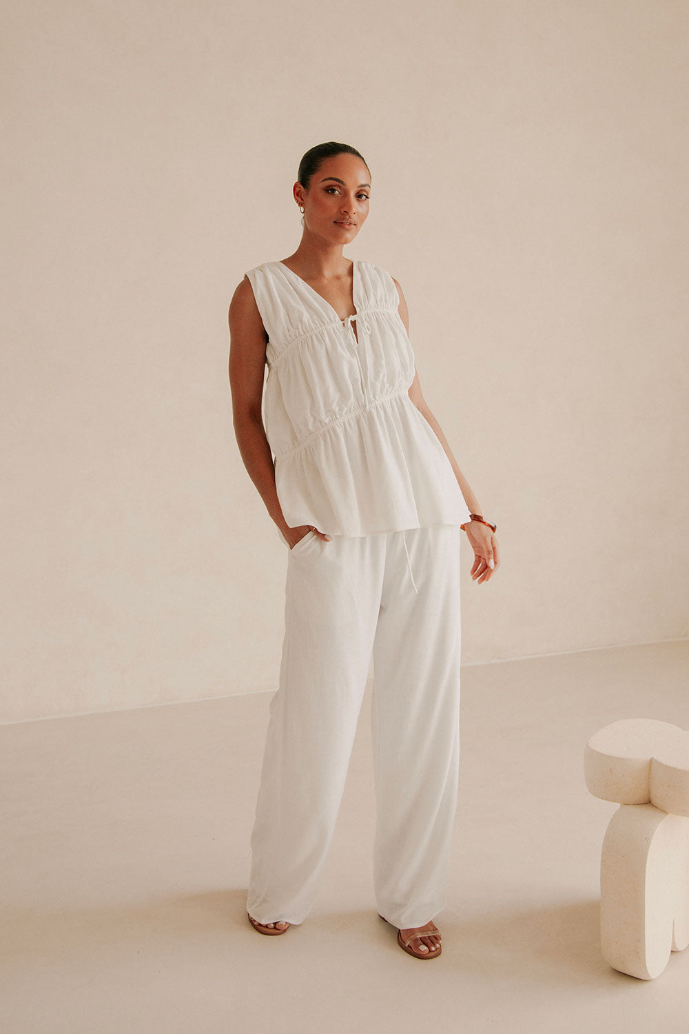White Linen Tie Asymmetric Ruched Brisa Top