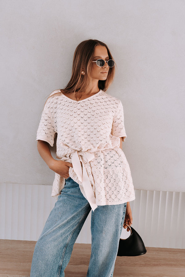 Cream Pointelle Knit Waist Tie Mini Demi Dress