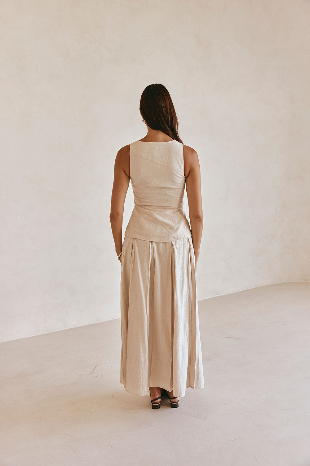 Beige Cotton Round Neck Button Up Panel Adri Top