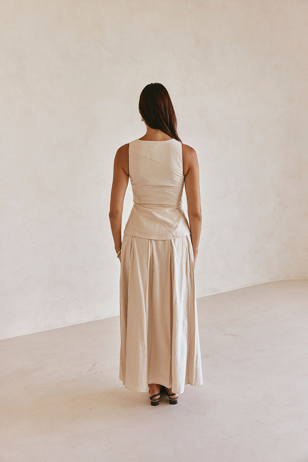 Beige Cotton Round Neck Button Up Panel Adri Top