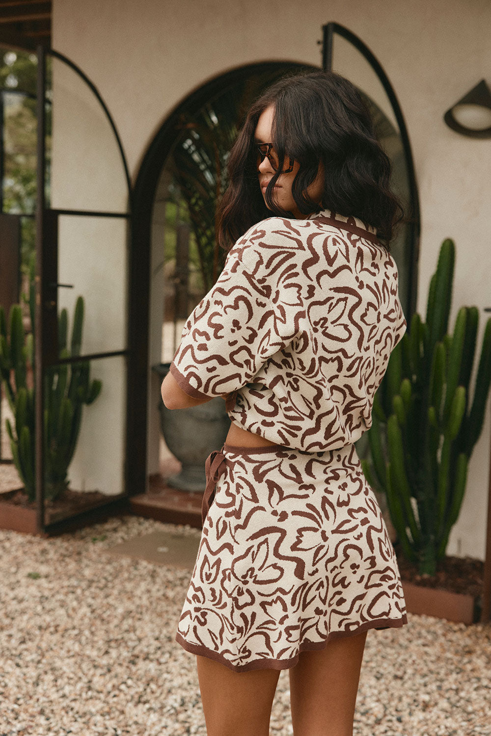 Cream And Brown Floral Wrap Mini Sarai Skirt