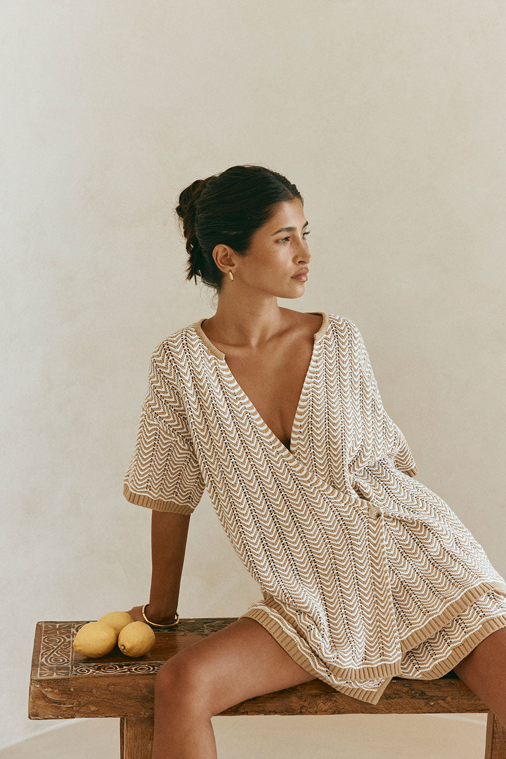 Tan Short Sleeve Button Reims Top