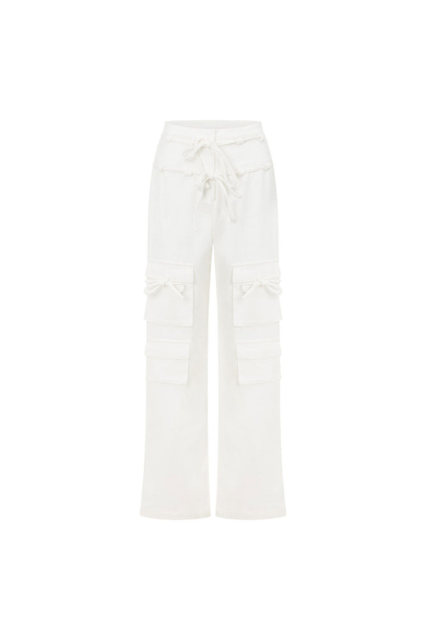 White High Waist Cargo Pocket Tie Jaicee Pants