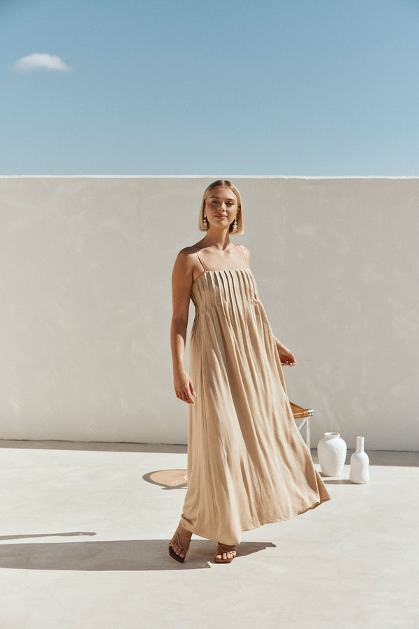 Tan Pin Tuck Pleat Maxi Ada Dress