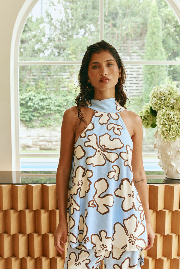 Blue Outline Floral Halter Neck Back Tie Iras Top