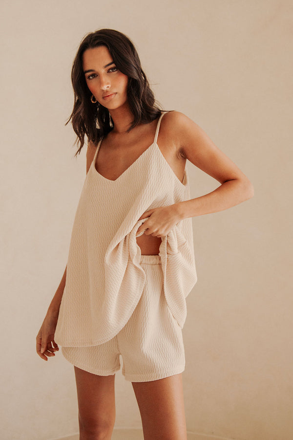 Beige High Waist Elastic Drawstring Boston Shorts