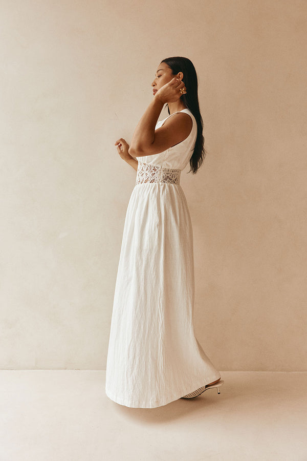 White Cotton Lace Gathered Maxi Cora Dress