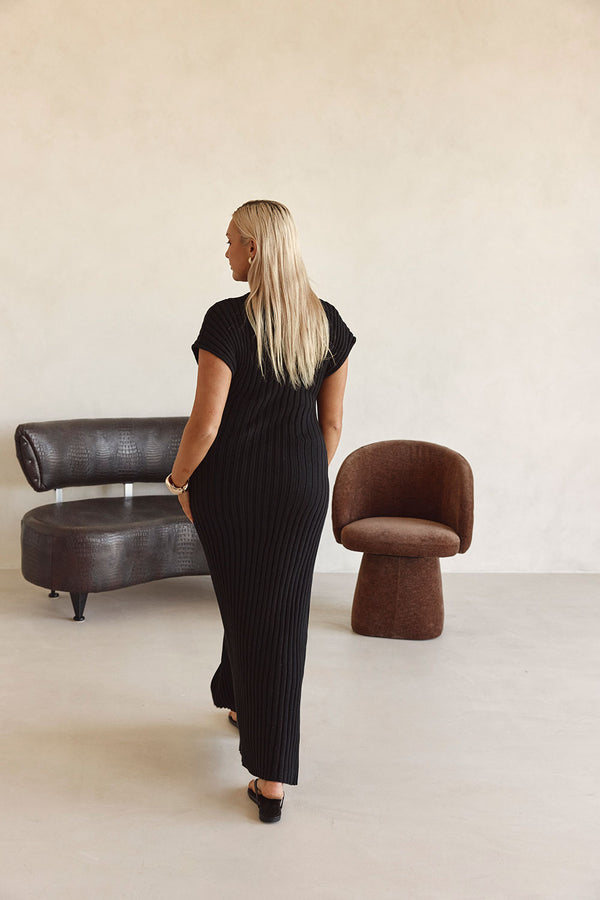 Black High Neck Short Sleeve Split Maxi Gemini Dress