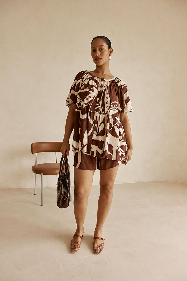 Cream and Brown Painted Tiles Print Button Scarlet Top