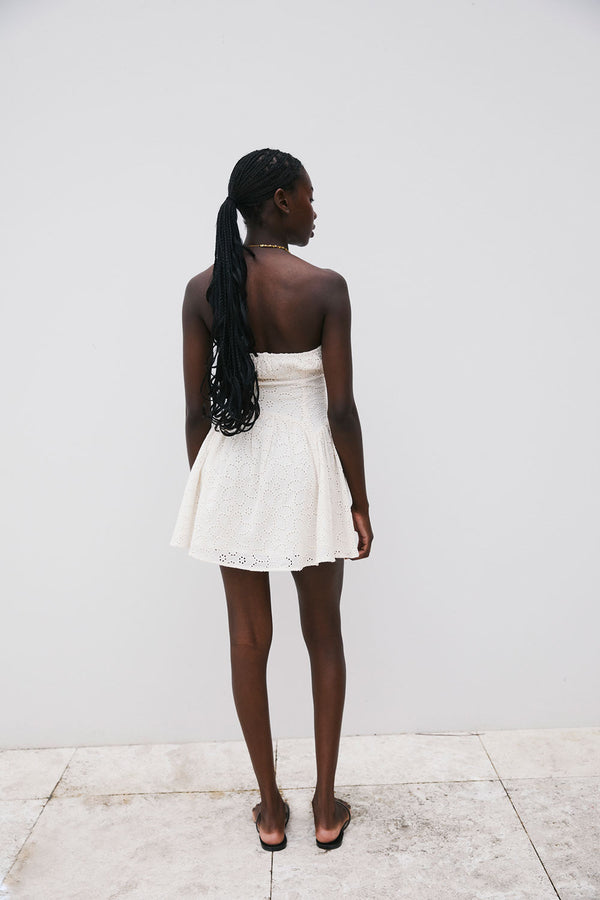 White Broderie Strapless Flouncy Mini Aura Dress