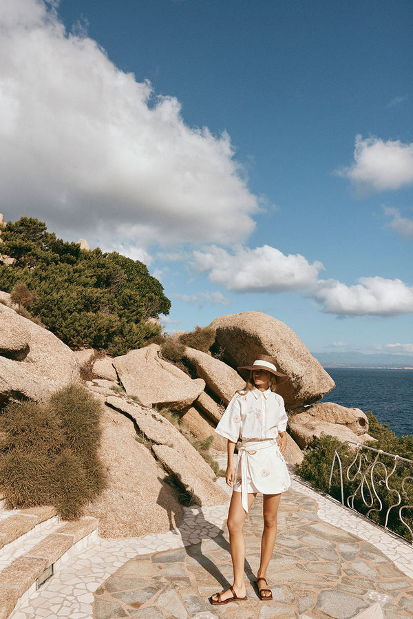 La Costa Embroidered Wrap Mini Skirt - Serenita, White, Beige, Pink