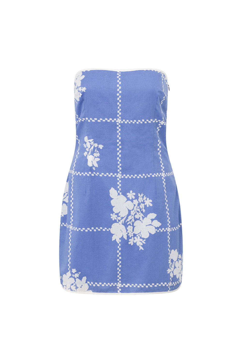 Amira Strapless Mini Dress - Postcard, Blue & White Check Flowers Print