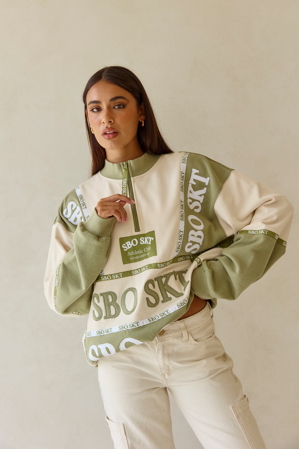 Berlin Vintage Oversized Sweater - Terry Green, Cream, White