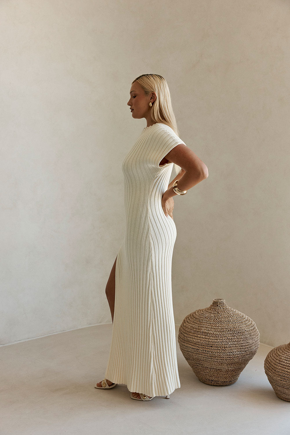 Cream High Neck Short Sleeve Split Maxi Gemini Dress