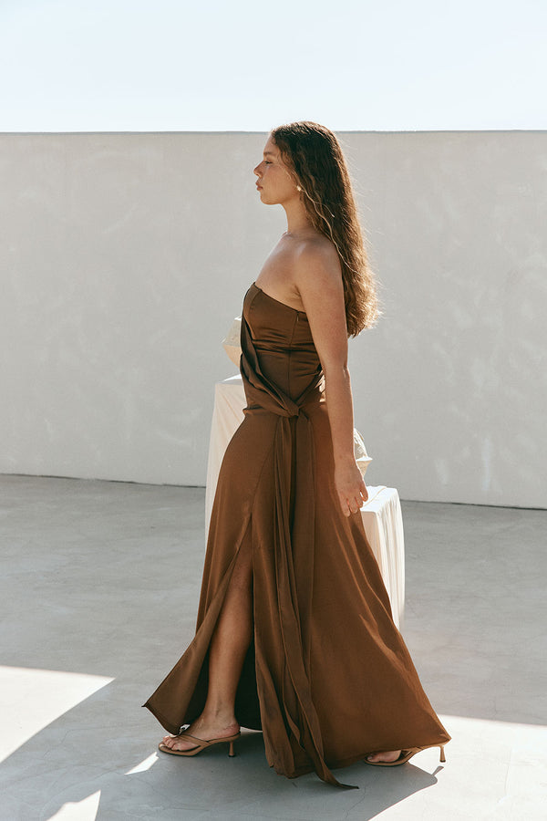 Chocolate Brown Silky Strapless Maxi Eclair Dress