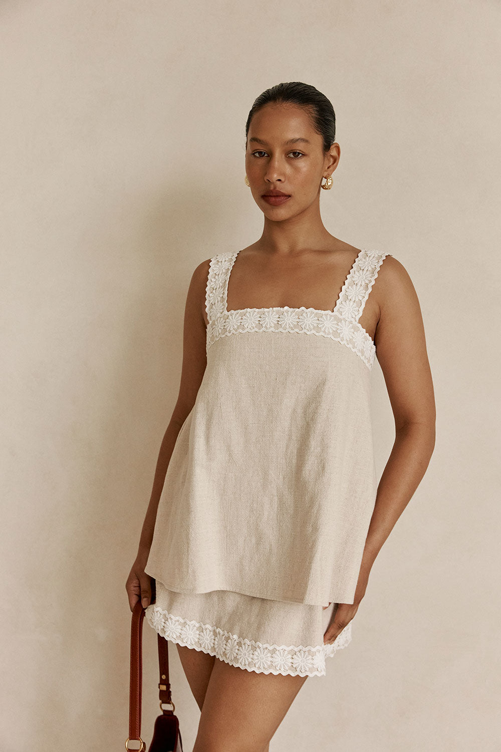 Beige Vintage Lace Detail Mini A-Line Lottie Dress