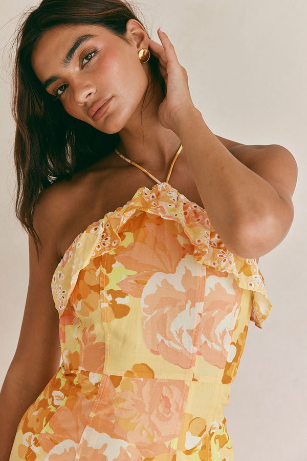 Alexa Backless Halterneck Maxi Dress - Orange, Yellow, White Breeze Floral Print, Tropical