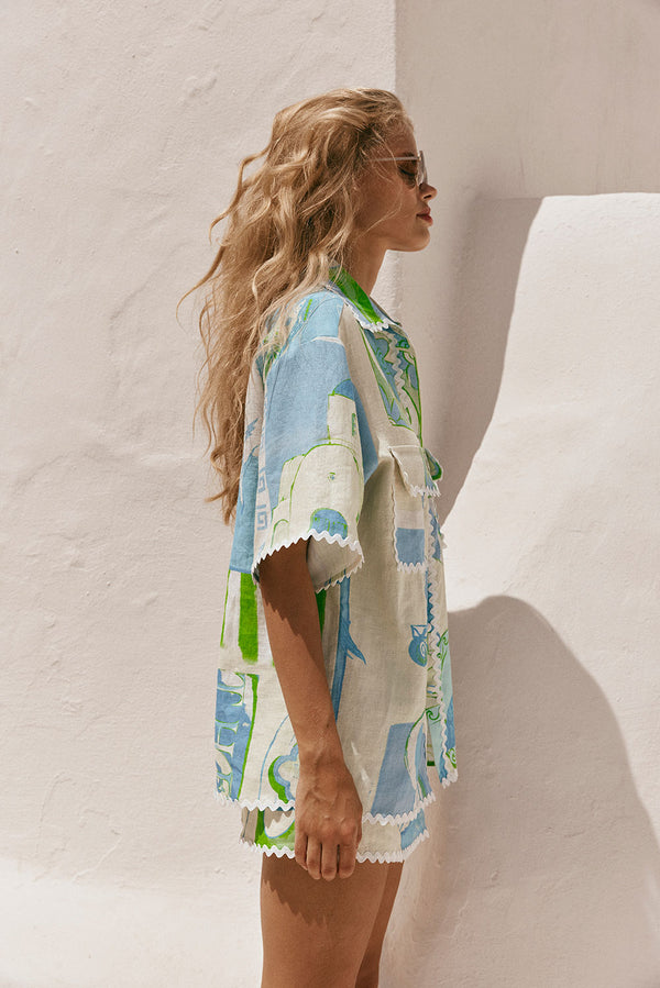 Blue Theotokos Ocean Button Up Collar Diaz Top