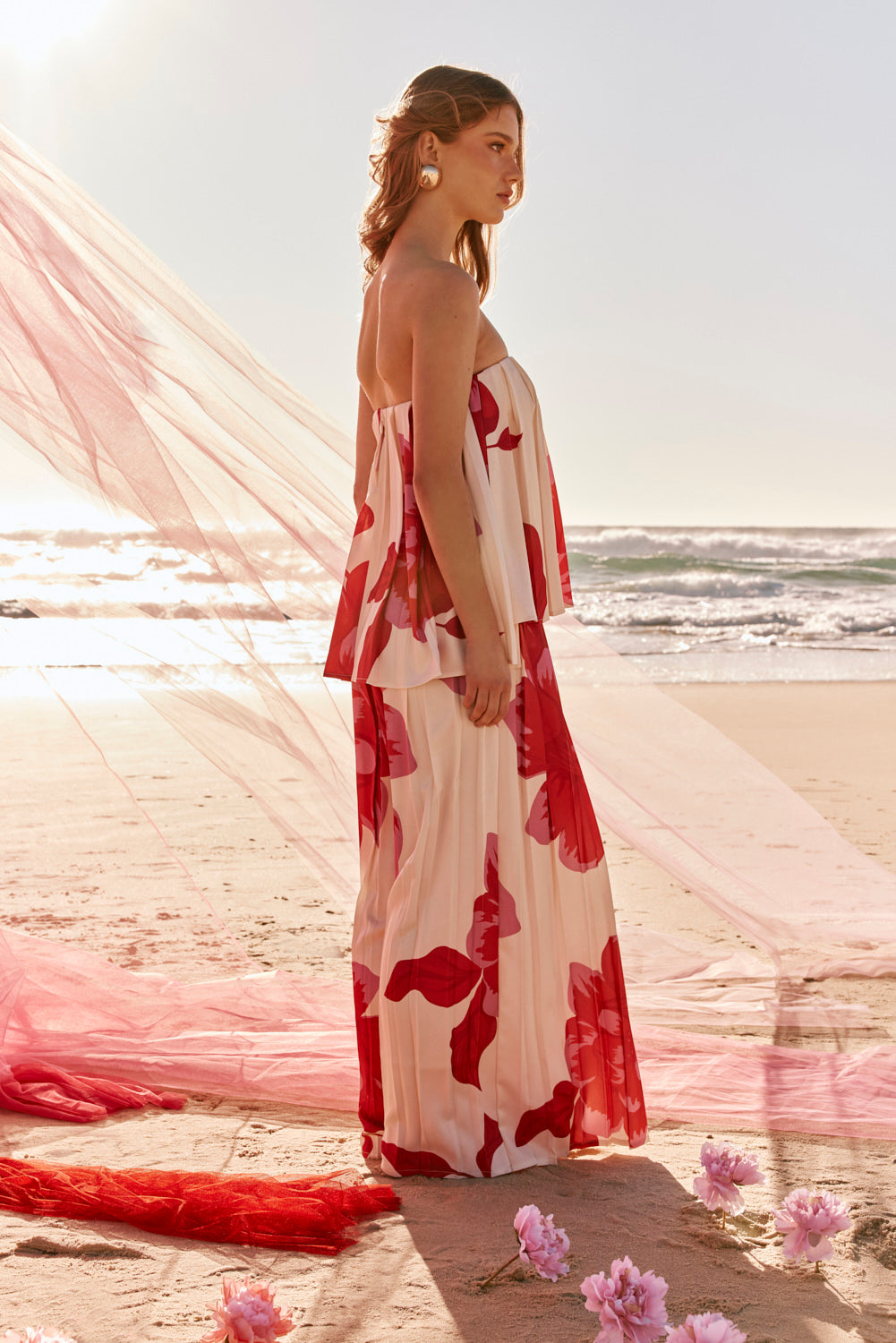 Pink Sole Rosa Print Strapless Pleated Antalya Top
