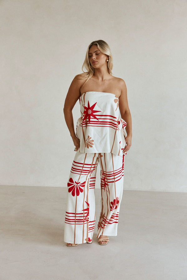 Cream Moana Red Print Strapless Aspyn Top