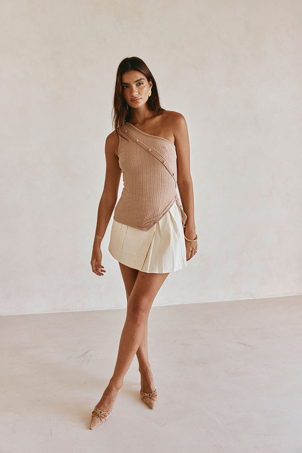 Tan One Shoulder Button Ribbed Ria Top