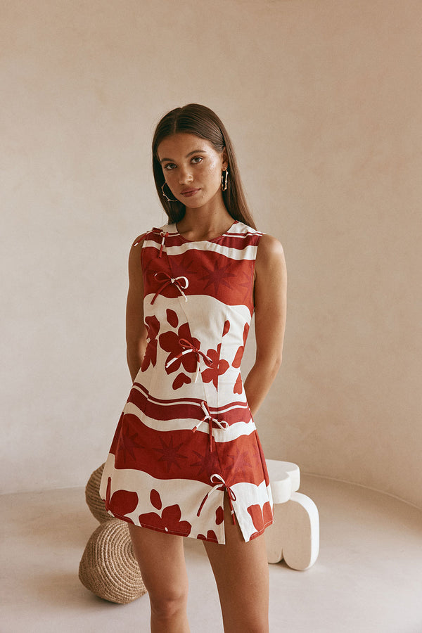Red Sienna Sunset Bow Mini Natsuki Dress