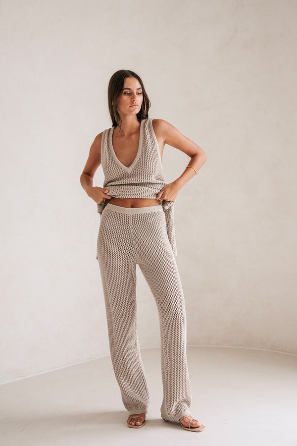 Beige Knit Elastic High Waist Ailish Pants