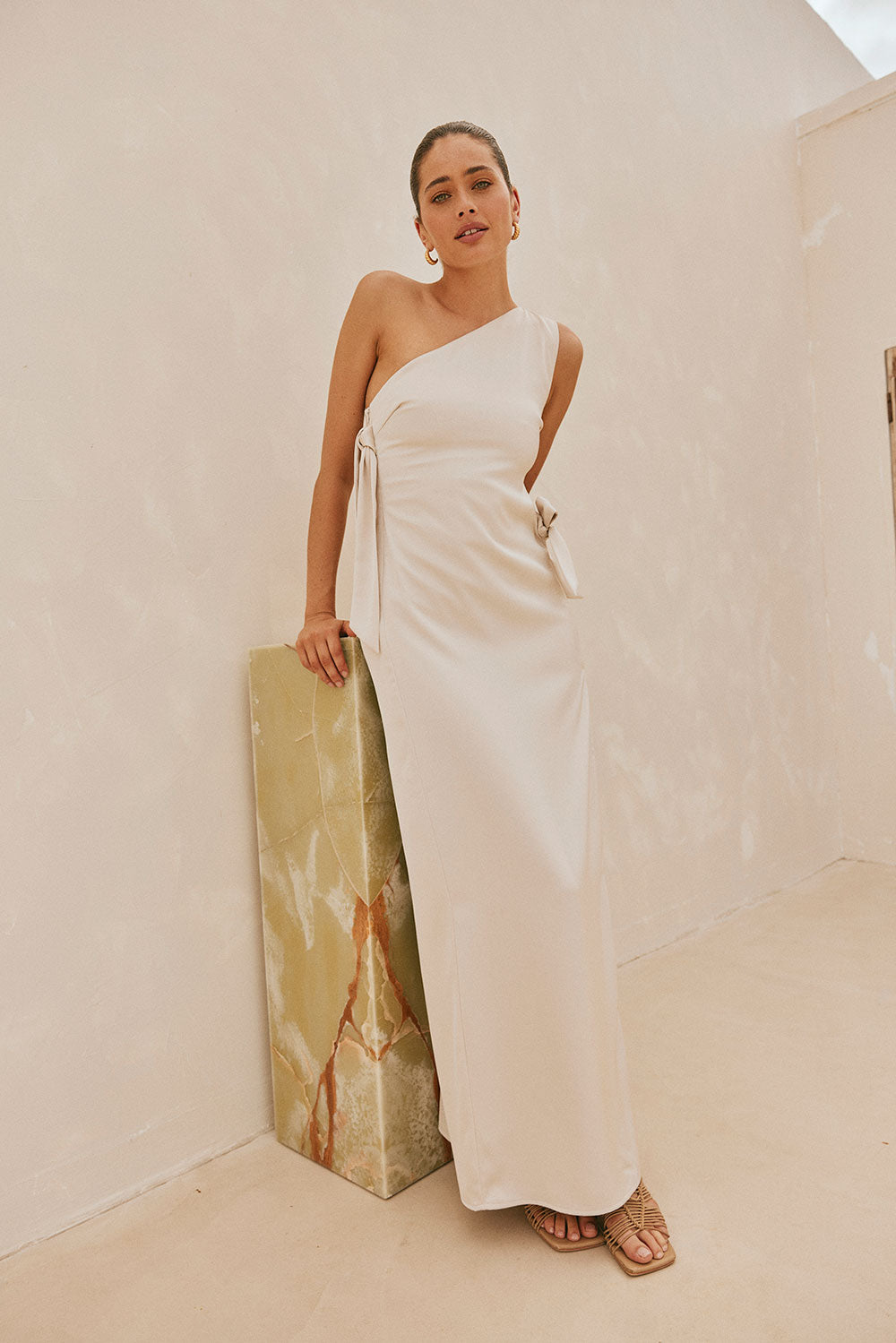 Beige Silky One Shoulder Tie Split Tavia Maxi Dress