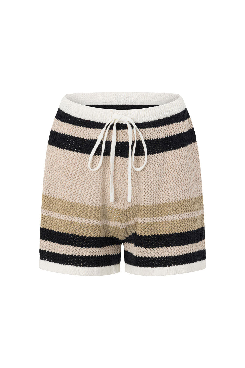 Quinn Elasticated Tie Front Stripe Shorts - Tan, Beige, Black Stripe