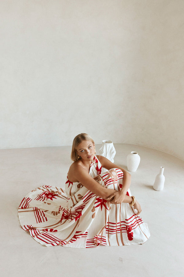 Cream Moana Red Print One Shoulder Maxi Avani Dress