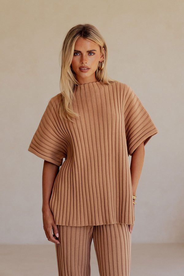 Apricot Ribbed Knit Relaxed Celine Top