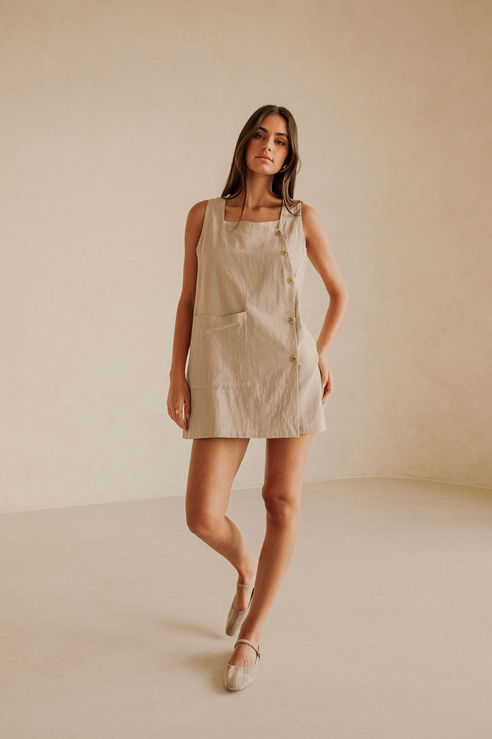 Beige Button Up Wide Strap Pocket Mini Aida Dress