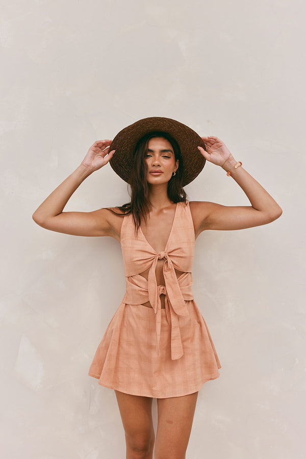 Salmon V Neck Cut Out Front Tie Mini Bailee Dress