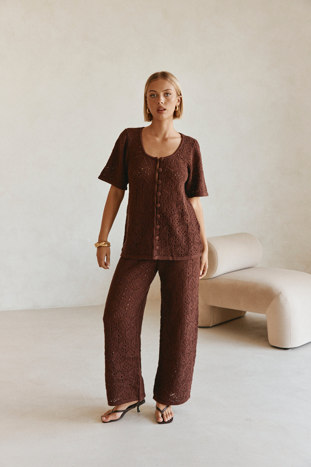Brown Crochet Knit Button Up Umiko Top