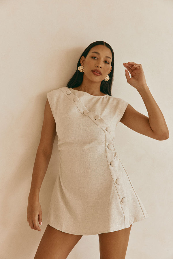 Beige Button Flared Mini Leighton Dress