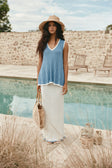 White and Blue Ribbed V Neck Silla Top